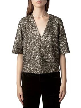 Zadig & Voltaire Tytane Metallic Sequin V-Neck Top